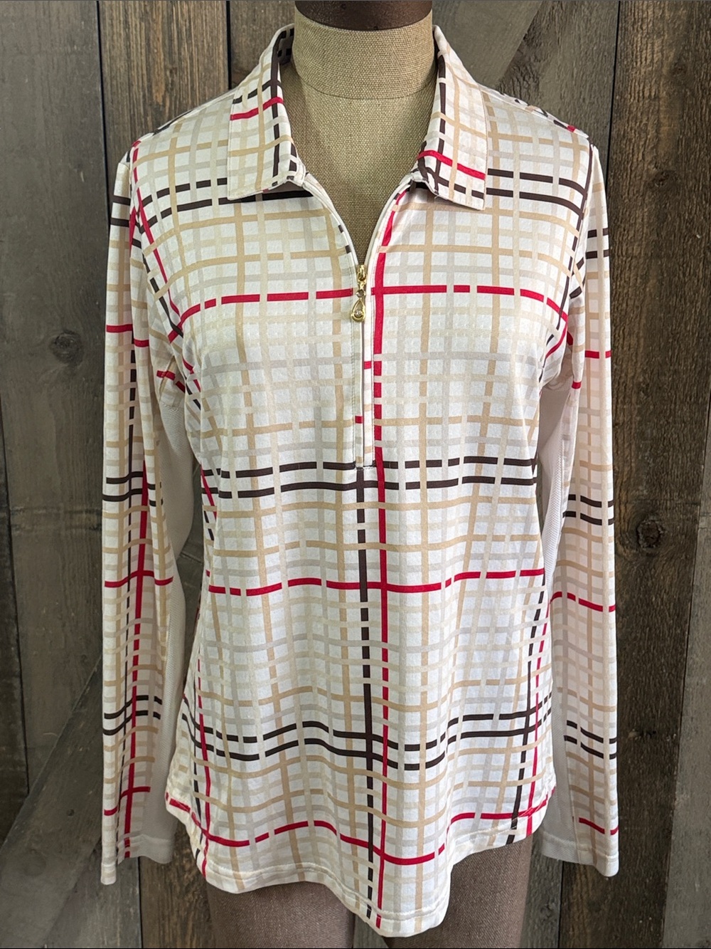 SanSoleil UPF Golf Tennis Pickleball Plaid Quarter Zip Athletic Athleisure Top